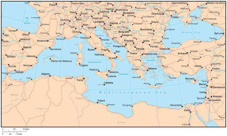 Mediterranean Map Icon Single Color Mediterranean Map with Countries, Major Cities