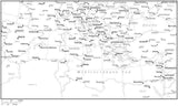 Black & White Mediterranean Map with Countries, Capitals and Major Cities - MEDITE-533912