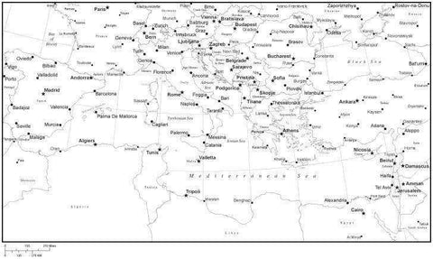 Black & White Mediterranean Map with Countries, Capitals and Major Cities - MEDITE-533912