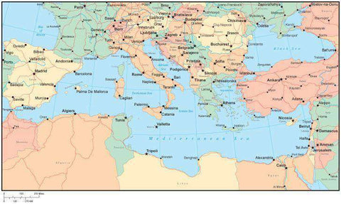 Multi Color Mediterranean Map with Countries, Capitals, Major Cities and Water Features