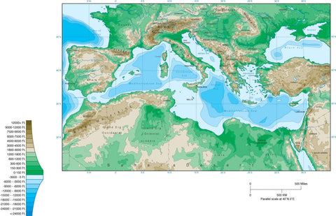Digital Mediterranean Contour map in Adobe Illustrator vector format.