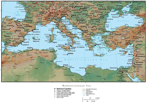 Mediterranean Map Plus Terrain with Countries, Capitals, Cities, Roads, and Water Features