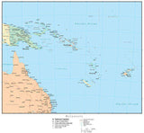 Melanesia Map with Countries, Capitals, Cities, Roads and Water Features