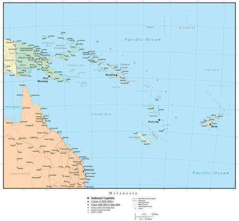 Melanesia Map with Countries, Capitals, Cities, Roads and Water Features