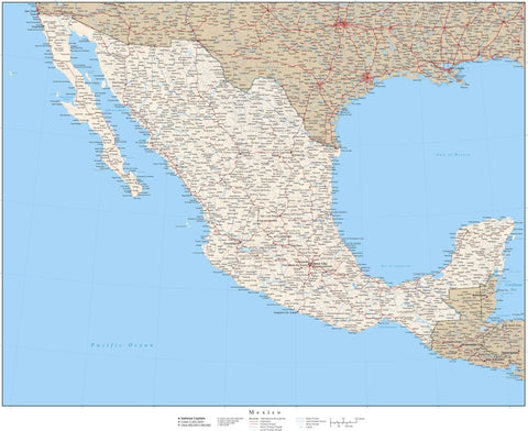 Mexico Map - 18 x 22 Inches - High Detail