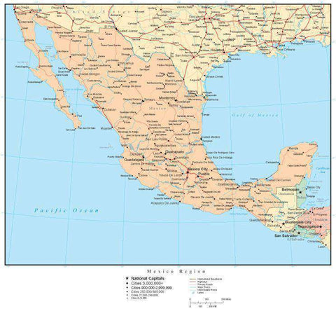 Mexico Region Map with Countries, Capitals, Cities, Roads and Water Features