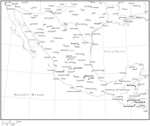 Black & White Mexico Map with Countries, Capitals and Major Cities - MEX-XX-533886
