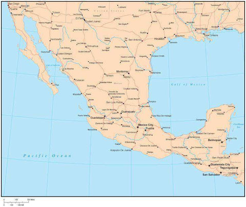 Single Color Mexico Map with Countries, Capitals, Major Cities and Water Features