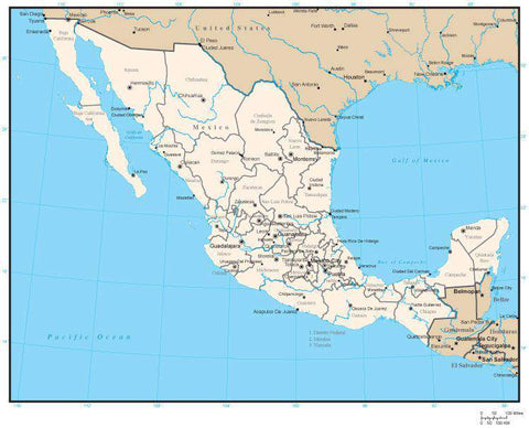 Mexico Digital Vector Map with State Areas and Capitals