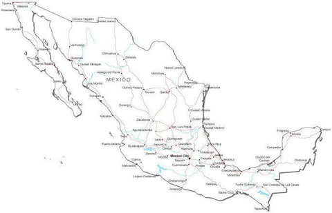Mexico Black & White Map with Capital, Major Cities, Roads, and Water Features