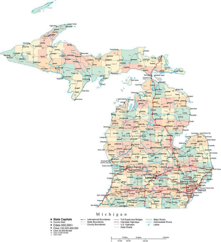 Michigan State Map - Multi-Color Cut-Out Style - with Counties, Cities, County Seats, Major Roads, Rivers and Lakes