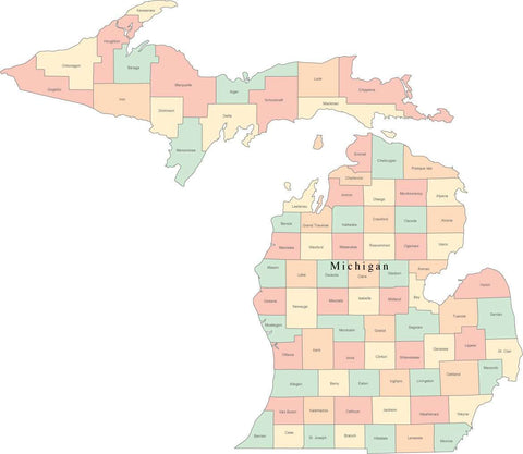 Multi Color Michigan Map with Counties and County Names