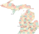 Multi Color Michigan Map with Counties, Capitals, and Major Cities