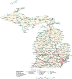 Michigan Map - Cut Out Style - with Capital, County Boundaries, Cities, Roads, and Water Features