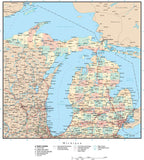 Michigan Map with Counties, Cities, County Seats, Major Roads, Rivers and Lakes