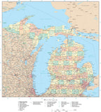 Detailed Michigan Digital Map with Counties, Cities, Highways, Railroads, Airports, and more