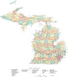 Detailed Michigan Cut-Out Style Digital Map with Counties, Cities, Highways, and more