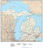 Michigan Map with Capital, County Boundaries, Cities, Roads, and Water Features