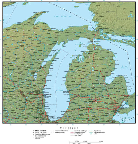 Digital Michigan Terrain map in Adobe Illustrator vector format with Terrain MI-USA-942237