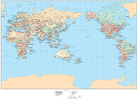 World Map - Asia / Australia Centered - Miller Projection