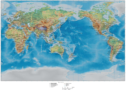 Miller World Map - Asia / Australia Centered - with Land and Ocean Floor Terrain