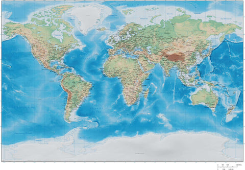 35 x 22 Inch Poster Size World map with Land and Water Terrain - Miller Projection