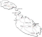 Malta Black & White Map with Capital Major Cities and Roads