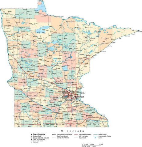 Minnesota State Map - Multi-Color Cut-Out Style - with Counties, Cities, County Seats, Major Roads, Rivers and Lakes