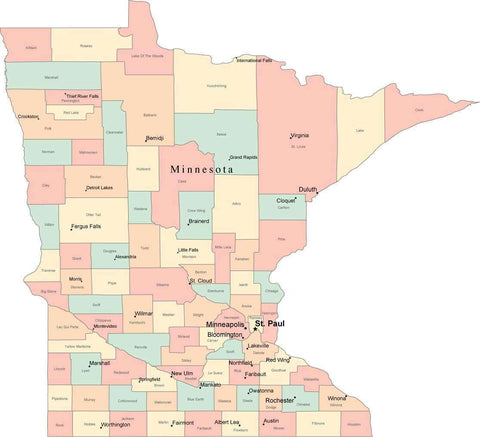 Multi Color Minnesota Map with Counties, Capitals, and Major Cities