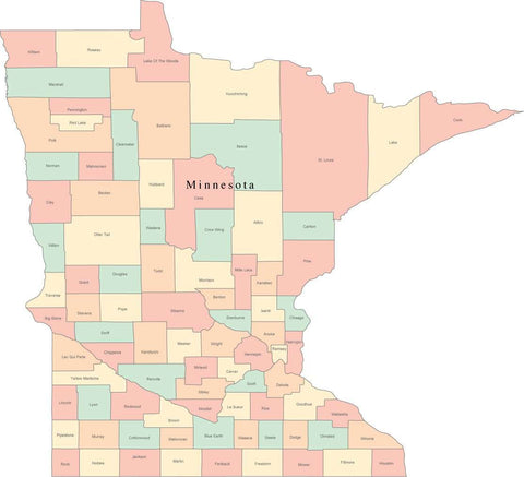 Multi Color Minnesota Map with Counties and County Names