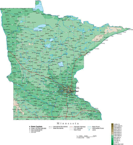Minnesota Map  with Contour Background - Cut Out Style