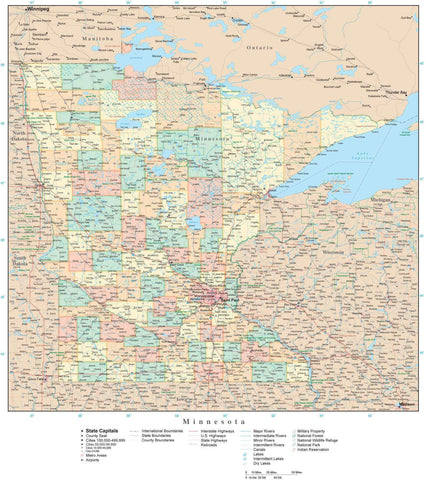 Detailed Minnesota Digital Map with Counties, Cities, Highways, Railroads, Airports, and more