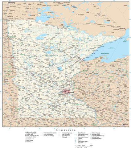 Detailed Minnesota Digital Map with County Boundaries, Cities, Highways, and more