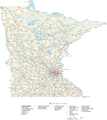 Detailed Minnesota Cut-Out Style Digital Map with County Boundaries, Cities, Highways, and more