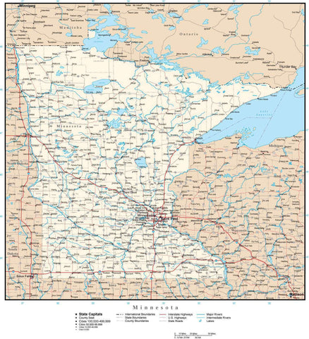 Minnesota Map with Capital, County Boundaries, Cities, Roads, and Water Features