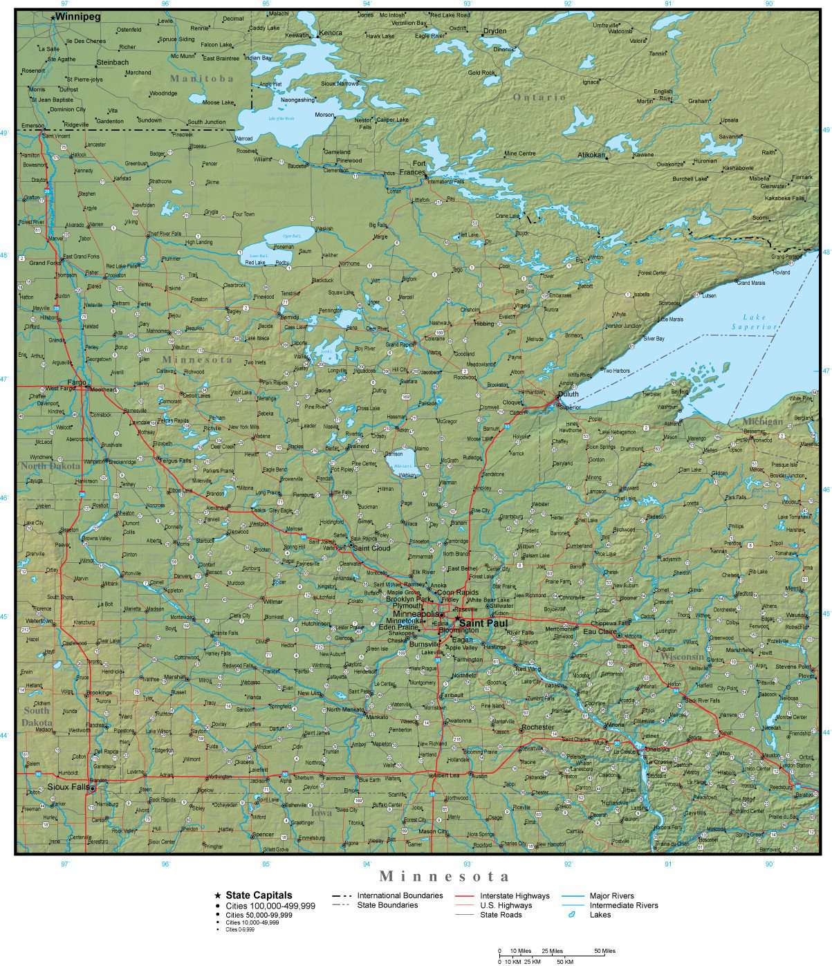 Minnesota Rim Map Minnesota State Map Plus Terrain with Cities & Roads