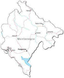 Montenegro Black & White Map with Capital, Major Cities, Roads, and Water Features
