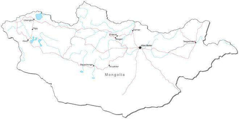 Mongolia Black & White Map with Capital, Major Cities, Roads, and Water Features