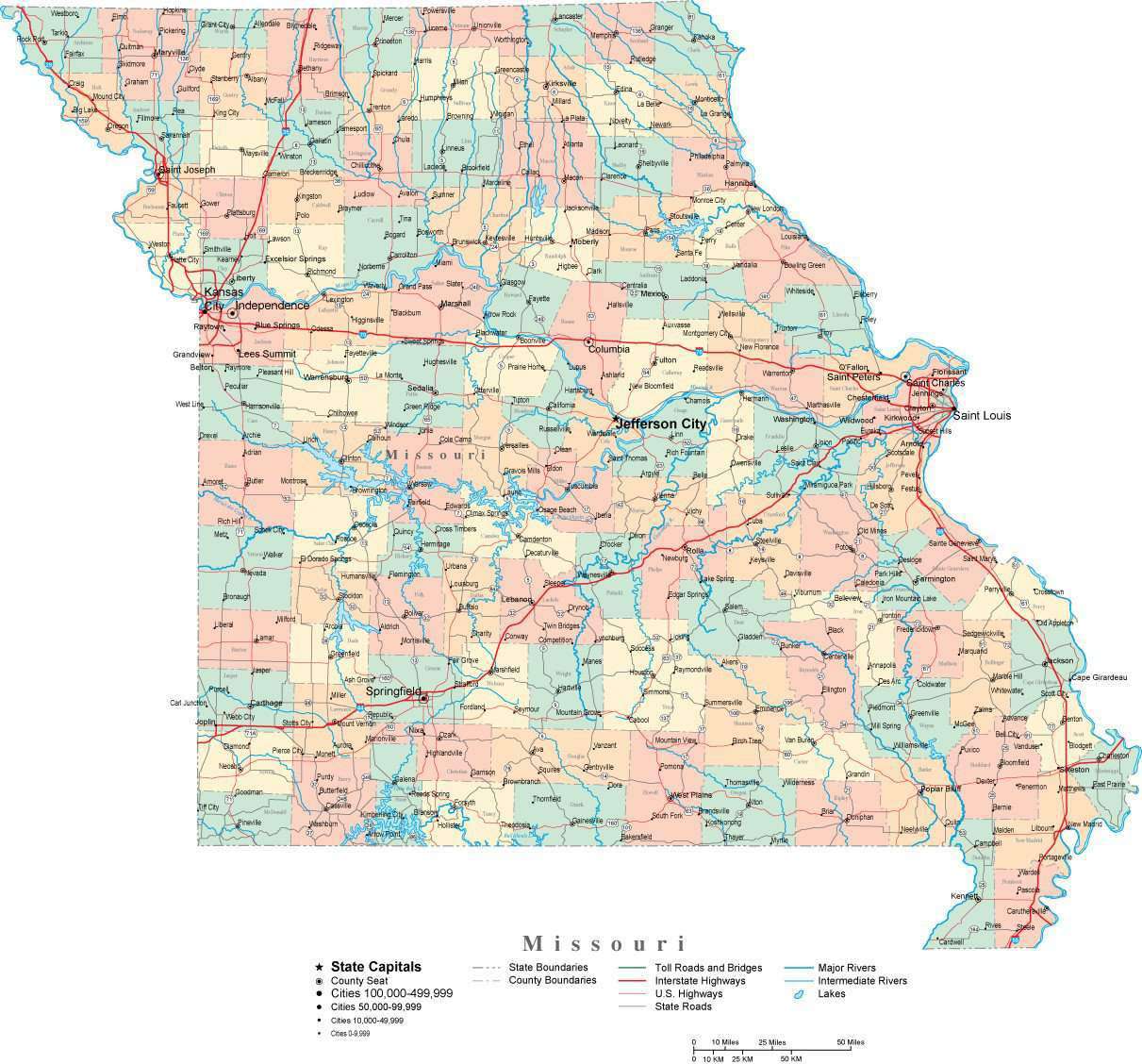 Missouri Digital Vector Map with Counties, Major Cities, Roads, Rivers