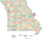 Missouri State Map - Multi-Color Cut-Out Style - with Counties, Cities, County Seats, Major Roads, Rivers and Lakes