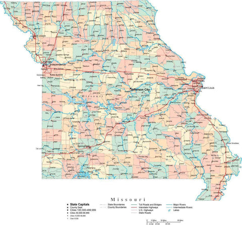 Missouri State Map - Multi-Color Cut-Out Style - with Counties, Cities, County Seats, Major Roads, Rivers and Lakes