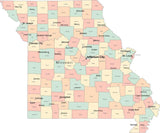 Multi Color Missouri Map with Counties, Capitals, and Major Cities