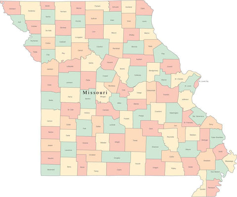 Multi Color Missouri Map with Counties and County Names