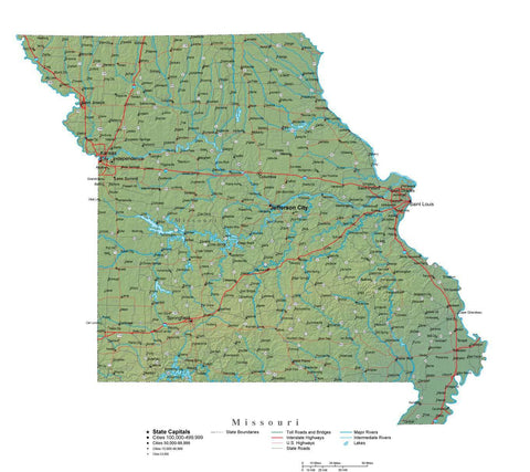 Digital Missouri State Illustrator cut-out style vector with Terrain MO-USA-242017