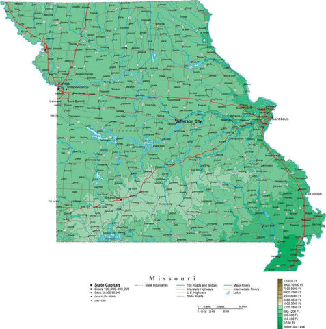 Missouri Map  with Contour Background - Cut Out Style