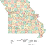 Detailed Missouri Cut-Out Style Digital Map with Counties, Cities, Highways, and more