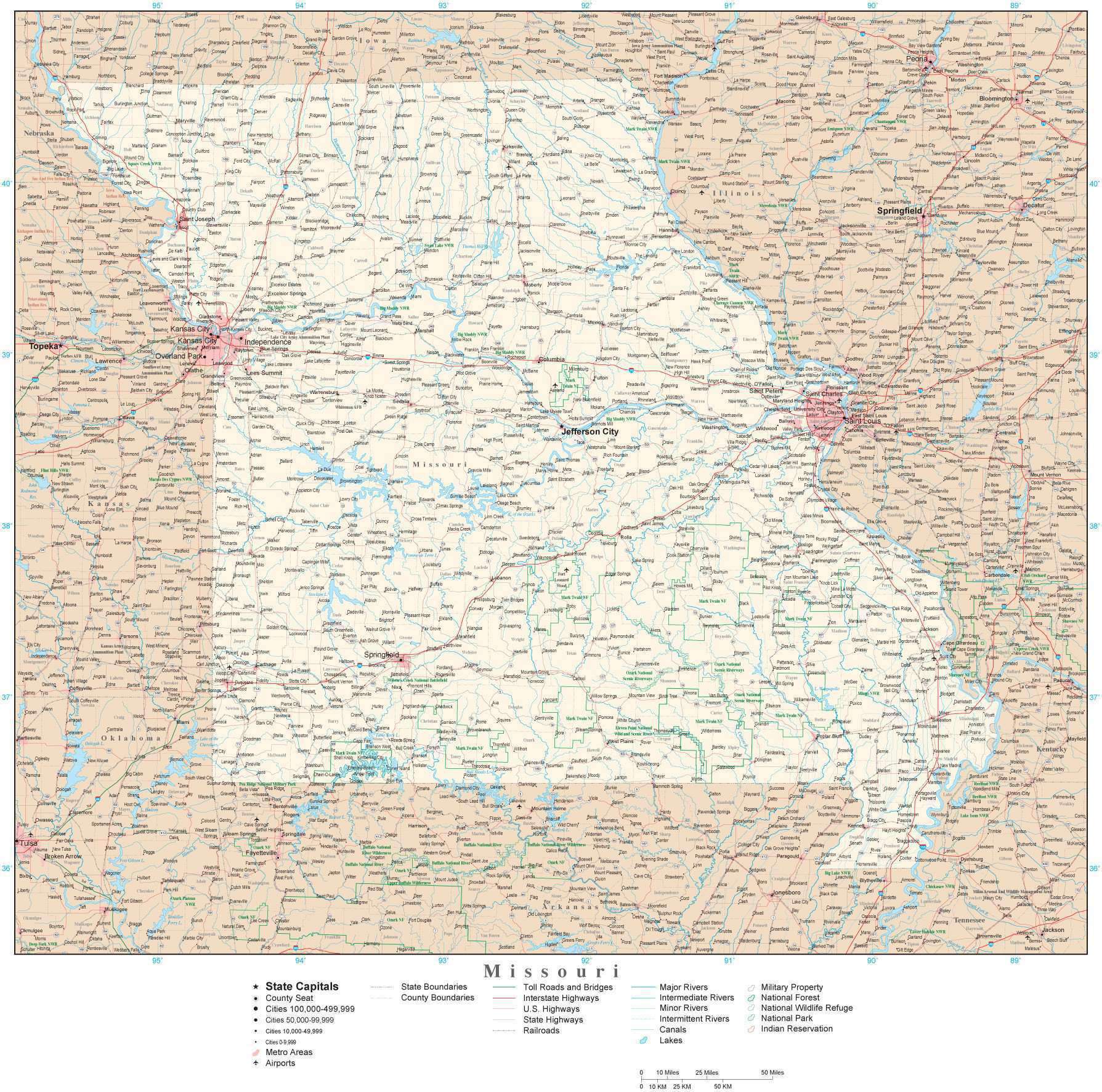 Missouri Map.pdf Missouri Detailed Map in Adobe Illustrator vector format. Detailed ...