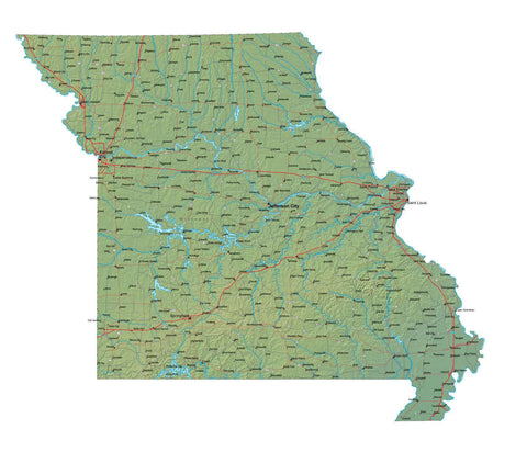 Digital Missouri map in Fit Together style with Terrain MO-USA-852119
