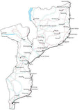 Mozambique Black & White Map with Capital, Major Cities, Roads, and Water Features