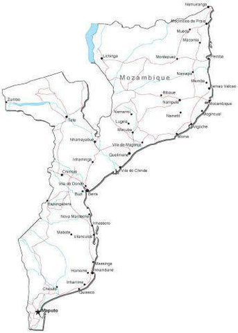 Mozambique Black & White Map with Capital, Major Cities, Roads, and Water Features